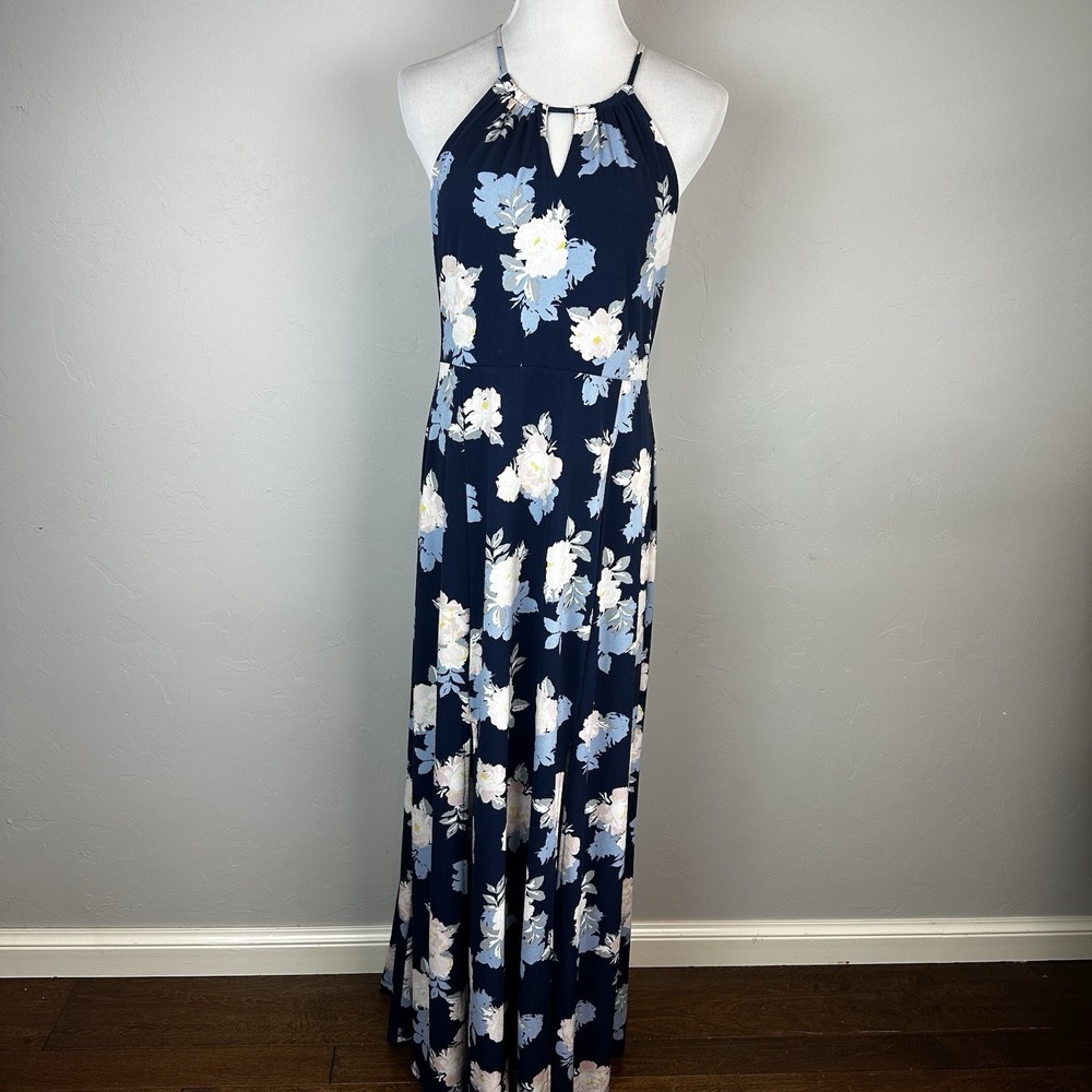 Candie's Navy/White Floral Maxi Dress, Halter Neck Strappy Sleeveless, Size L